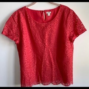 J Crew red lace short sleeve blouse